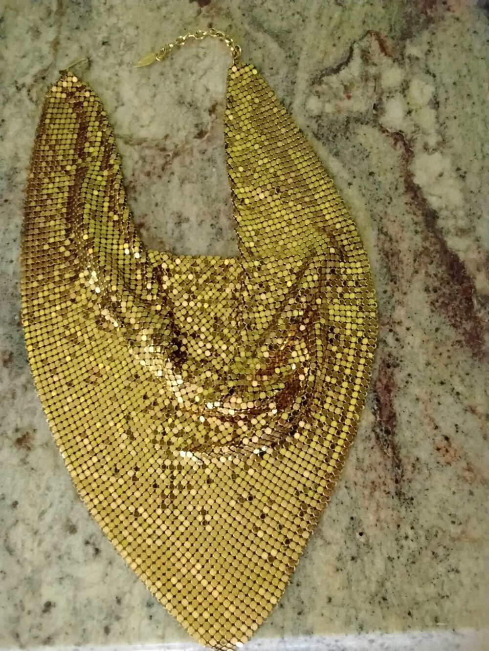 Whiting&Davis signed vintage gold tone mesh bib statement necklace